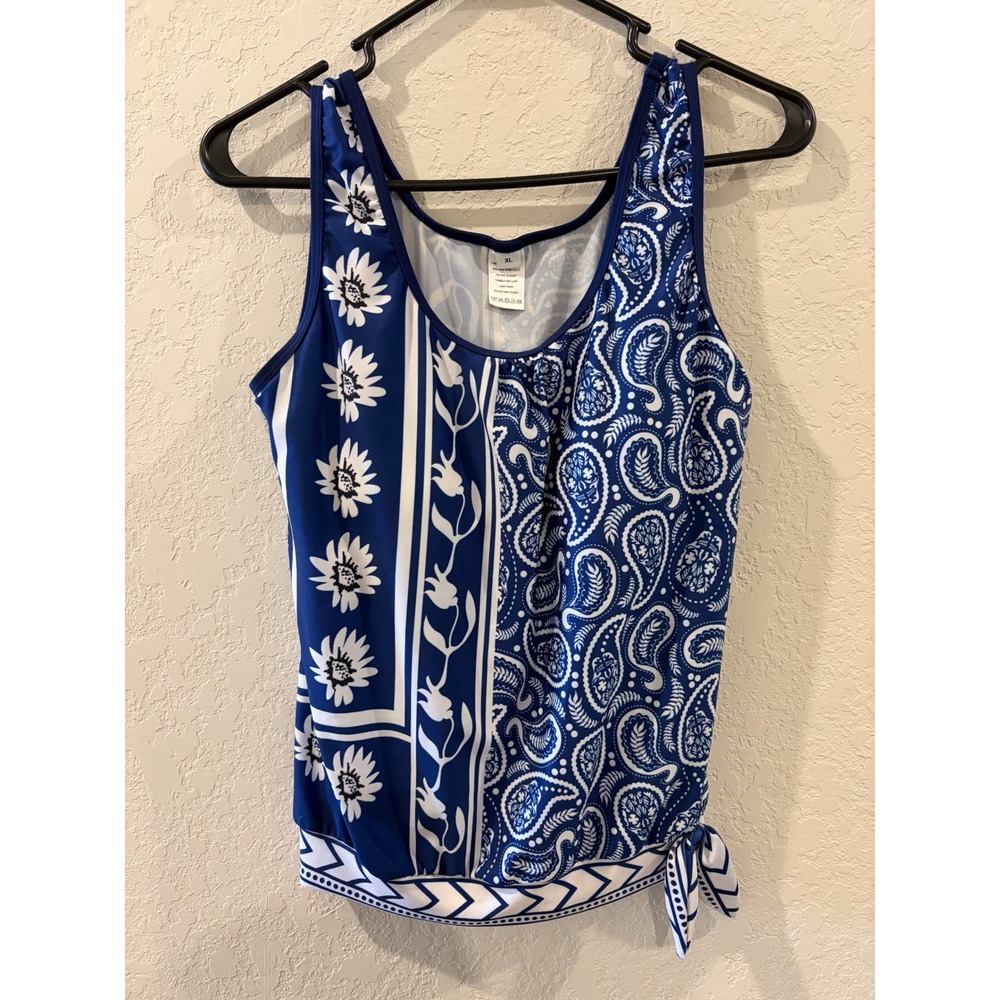 Blue White Paisley Floral Mixed Print Sleeveless Tank Top Side Tie XL